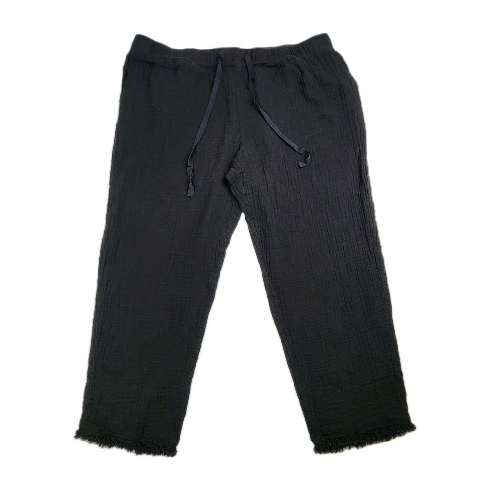 Eileen Fisher Womens XL Black 100% Organic Cotton Crinkle Gauze Cropped Pants